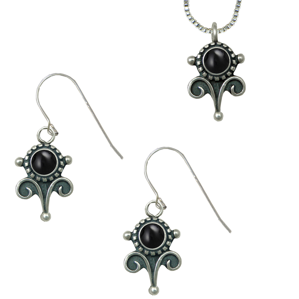 Sterling Silver Necklace Earrings Set Black Onyx